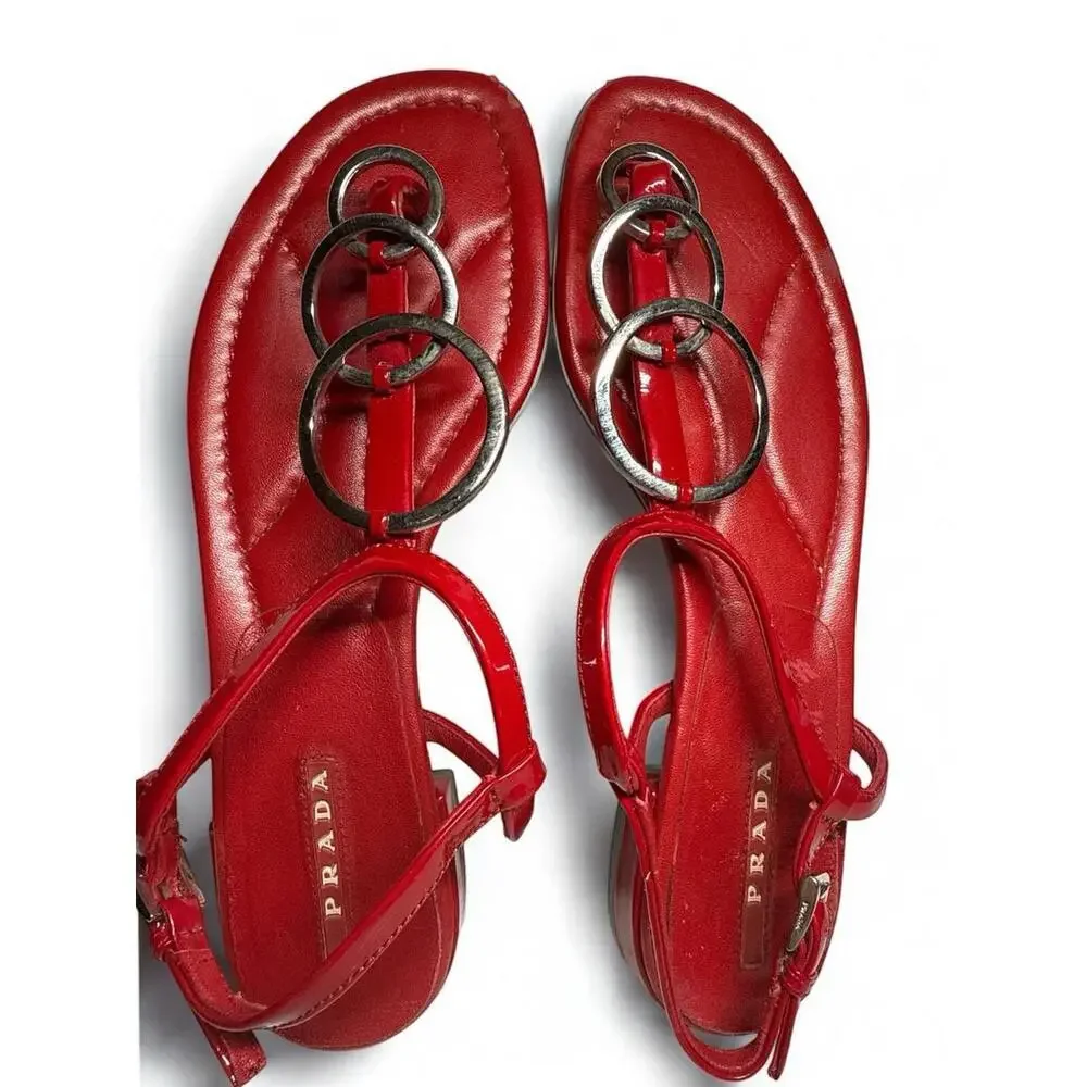 Prada Women’s Flat Sandals Red Slingback Patent Leather Sz 36 US 6 Made In Italy - Picture 2 of 9